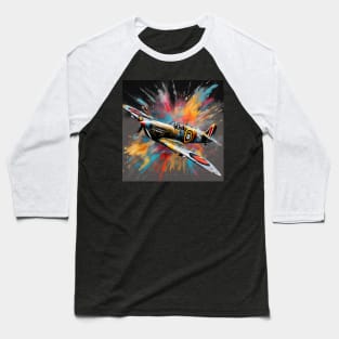 Spitfire Fighter Aircraft WWII Ink Explosion Baseball T-Shirt